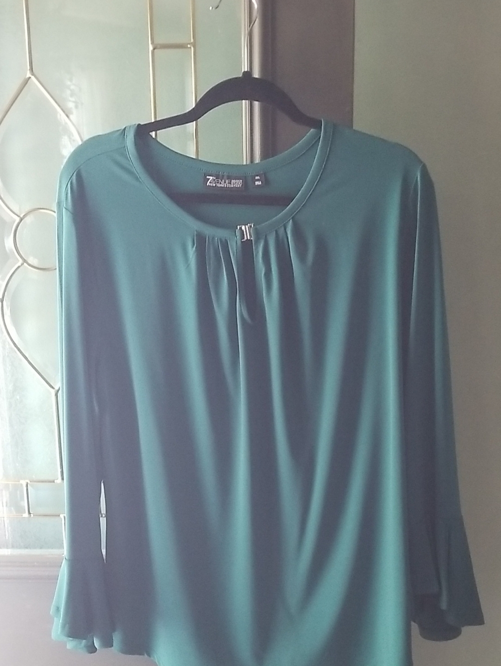 New York And Company Long-Sleeve Round Neck Top with Front Pleat and Tab